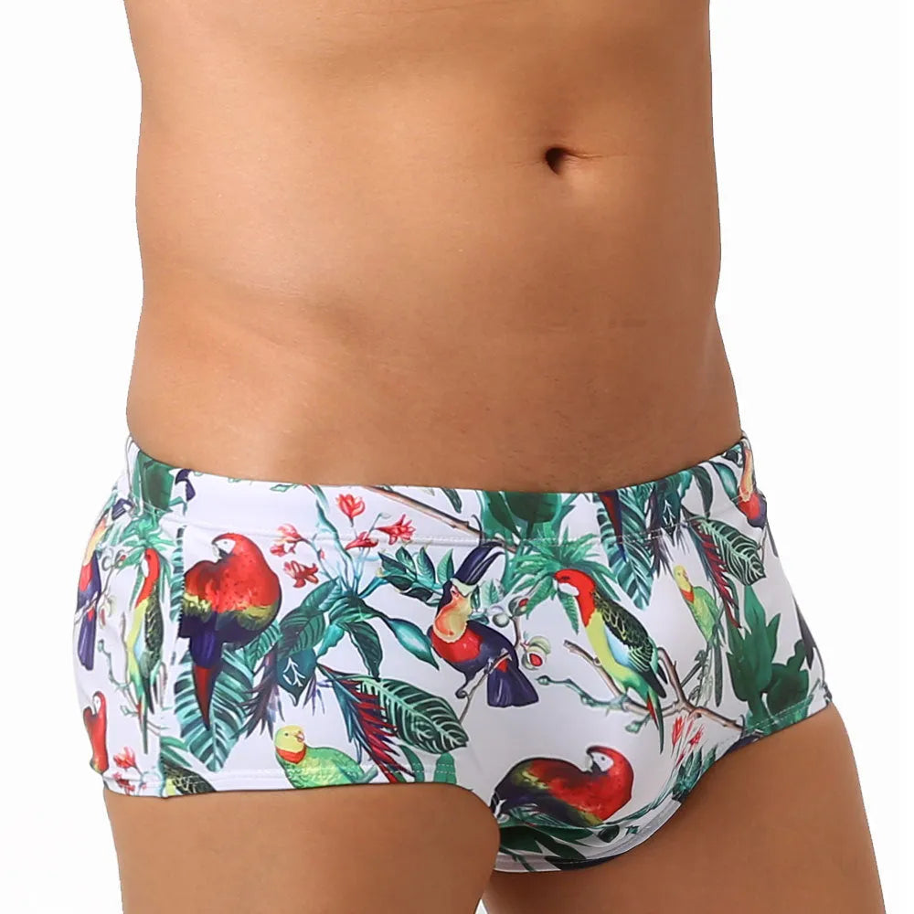 Men's floral bird print swimming trunks in nylon boxer brief style on size chart