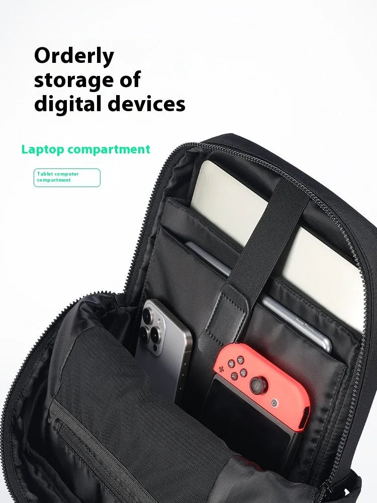 Black oxford cloth computer backpack with multiple compartments showing 20-35 litre capacity