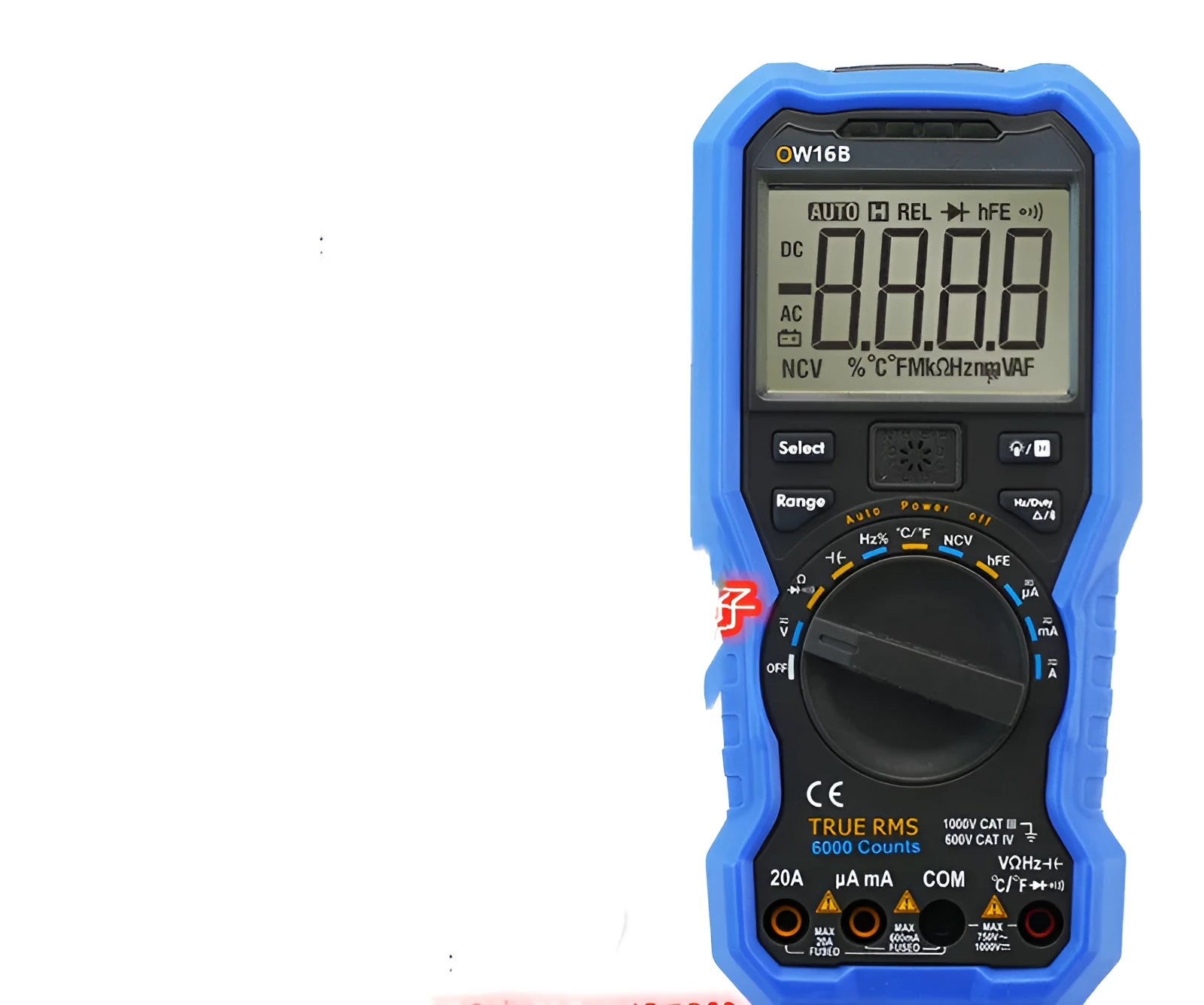 Handheld digital multimeter with display showing voltage reading, set of test probes, and optional Bluetooth dongle.