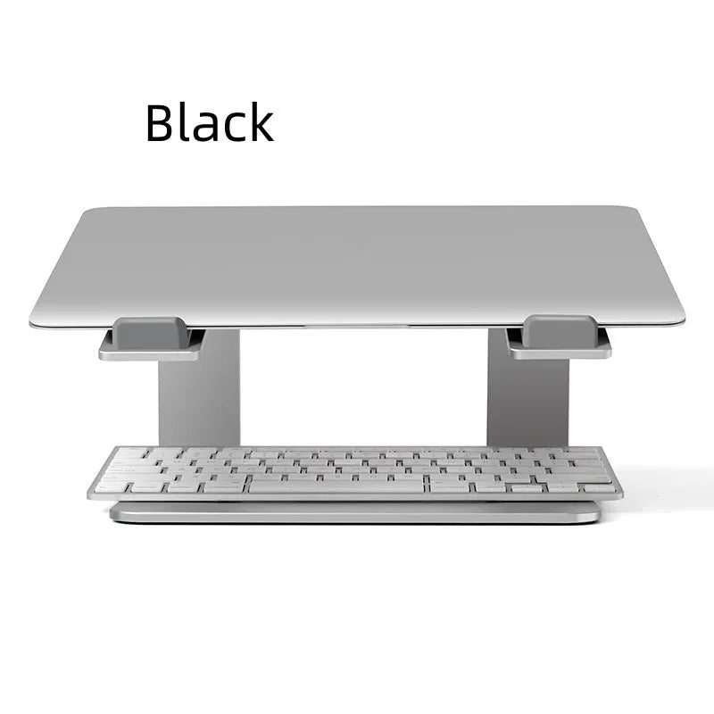 Black aluminium alloy laptop stand on a wooden desk