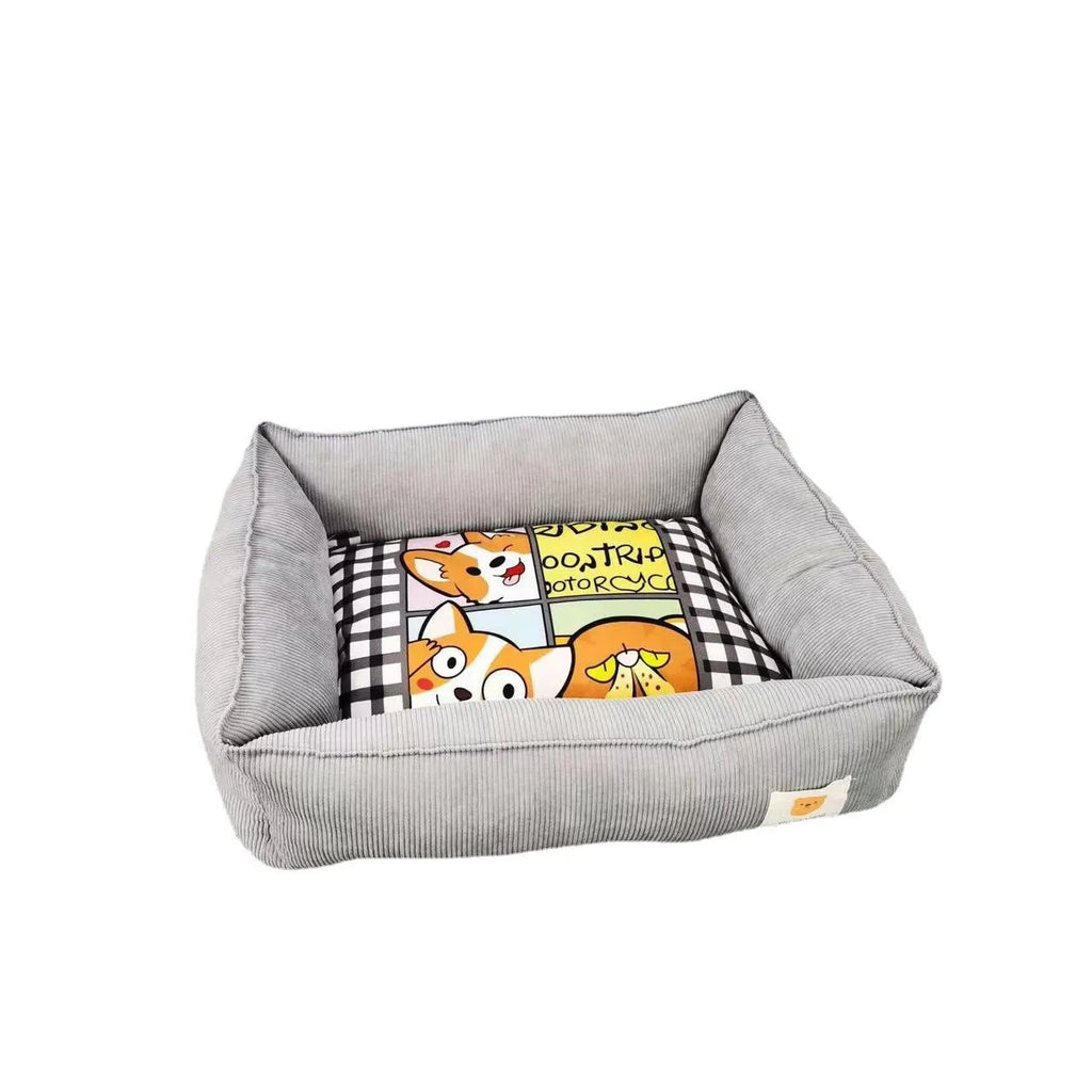 Soft cotton pet nest for dogs and cats in light blue, filled with PP cotton, shown in a home setting.