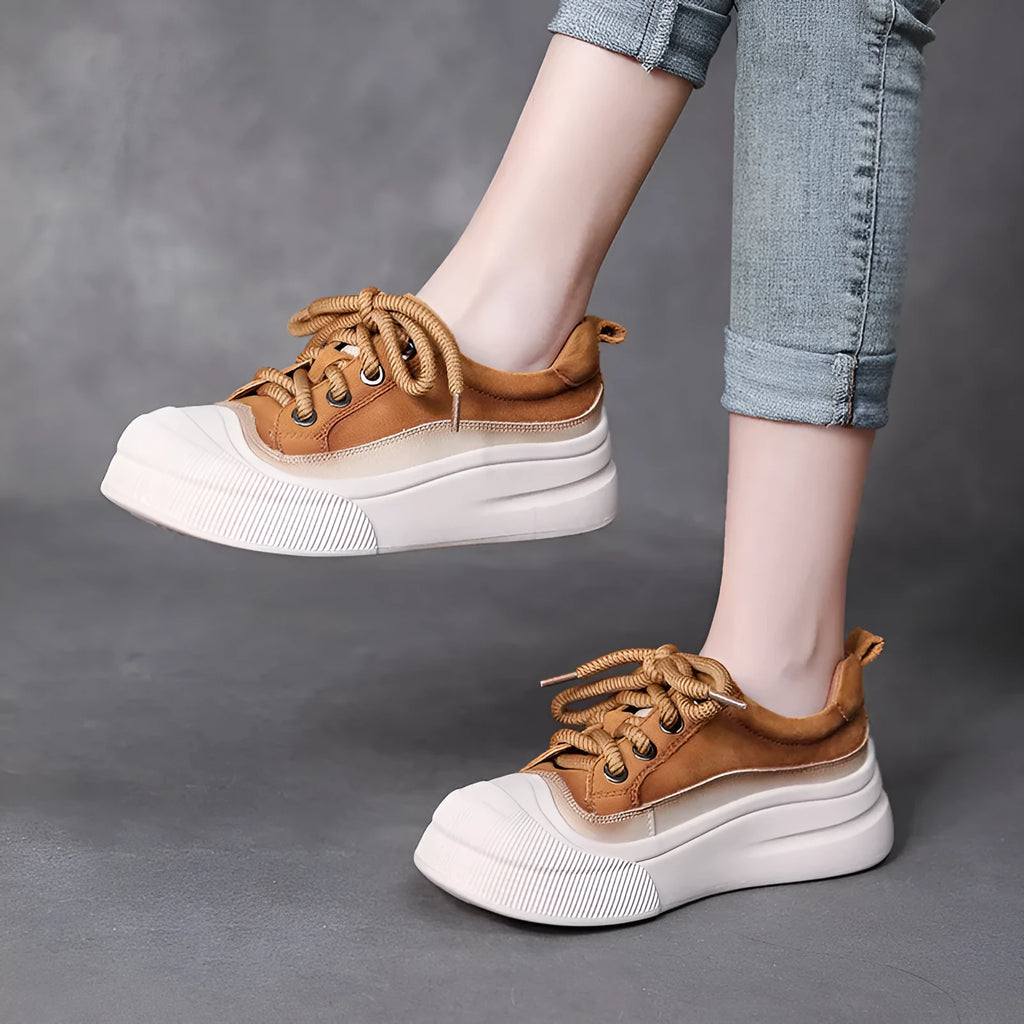 Women's yellow leather lace-up casual shoes with round toe and rubber sole
