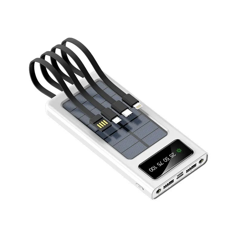 Black or white solar power bank portable charger measuring 148x71x19mm with four-wire cable