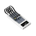 Black or white solar power bank portable charger measuring 148x71x19mm with four-wire cable