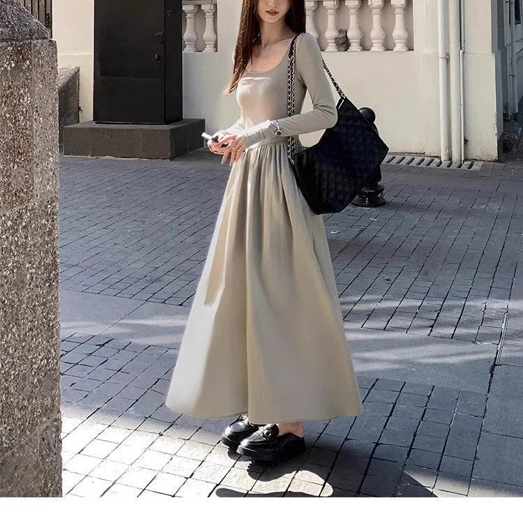 Black square collar knitted dress with elastic waist and A-line skirt