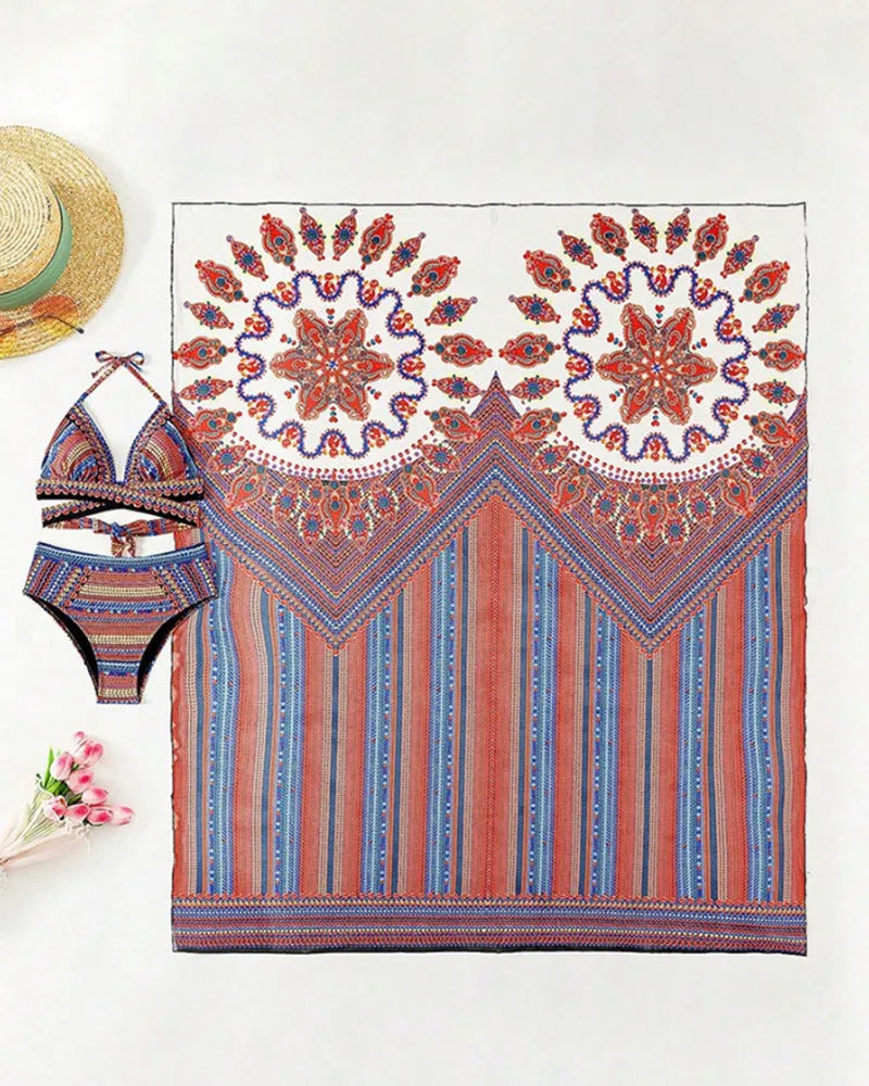 Women's three-piece swimsuit set with cutout blouse, high-waist briefs, and coat in polyester fabric