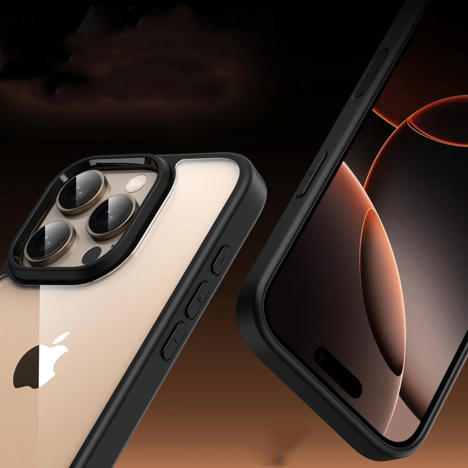 Black transparent magnetic phone case for iPhone 16 models showing magnetic ring and protective edges