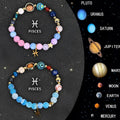 Two natural stone beaded bracelets showing zodiac sign designs on adjustable straps