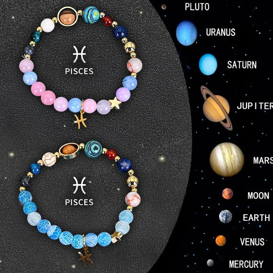 Two natural stone beaded bracelets showing zodiac sign designs on adjustable straps