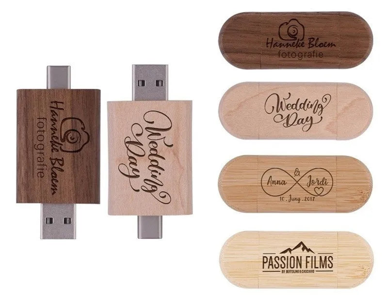 Maple wood USB flash drive with TYPE-C connector showing wooden construction and dual interfaces