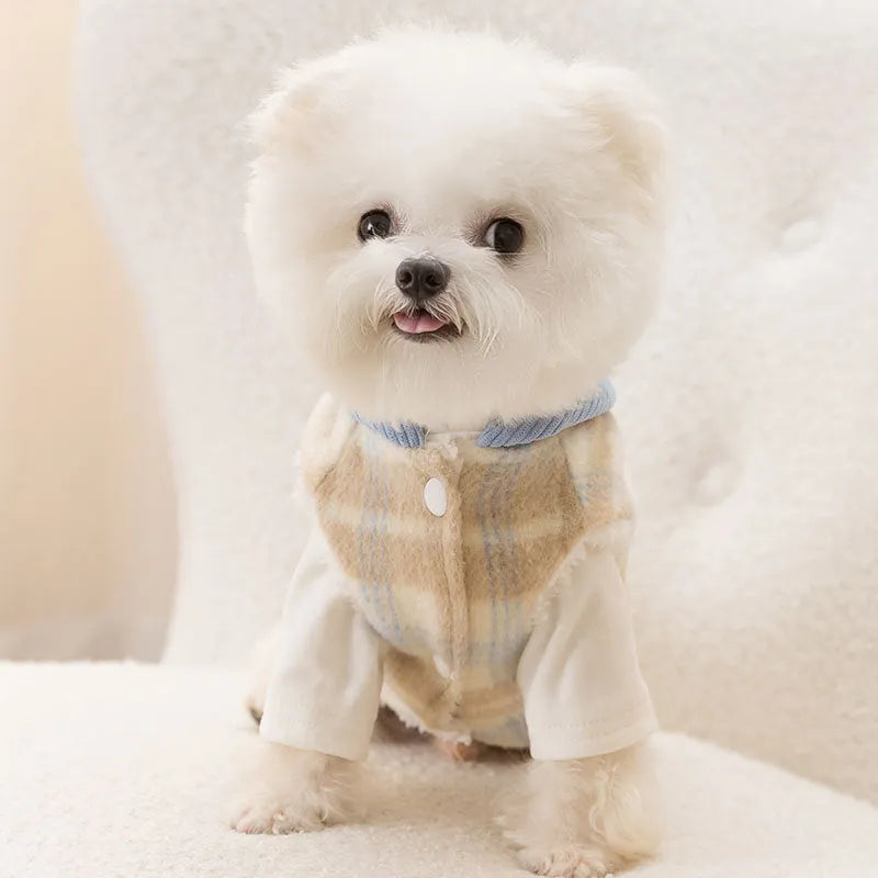 Blue corduroy chessboard grid hooded traction vest for dogs with size labels