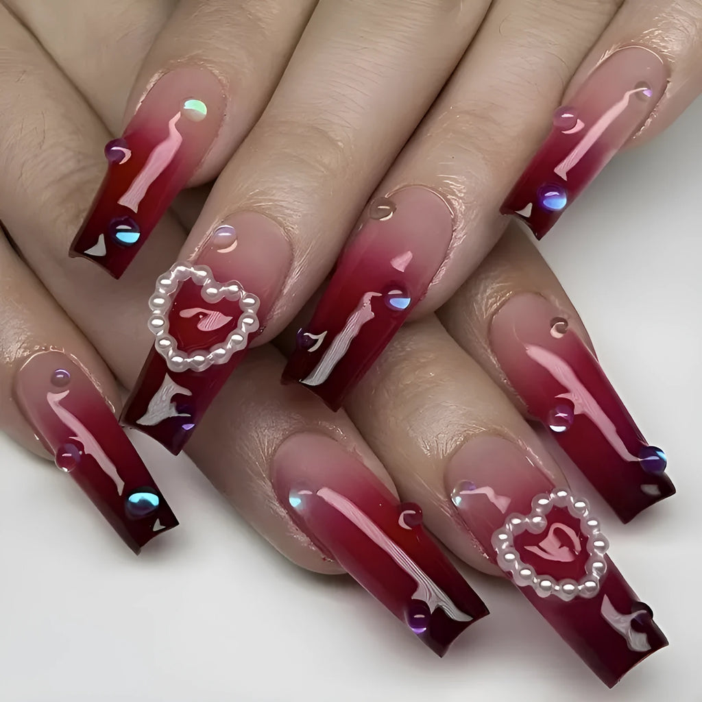 Wine red gradient plaid pattern fake nail tips with pearl hearts in long ballet style