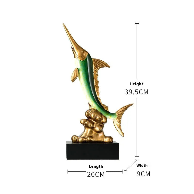 Detailed resin European swordfish decoration in a choice of four colours on a shelf.