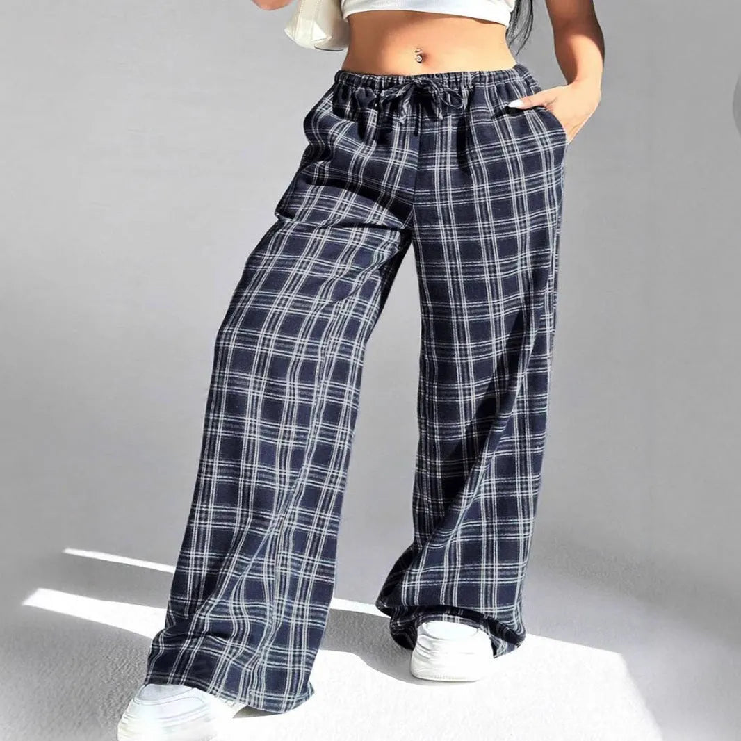Women's casual plaid trousers with drawstring waist and patch pockets in blue and red colour options