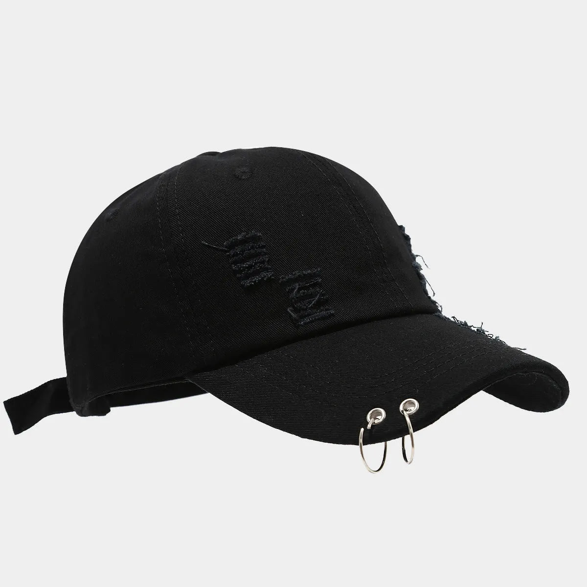 Men's adjustable denim peaked cap in black, shown from a side angle.