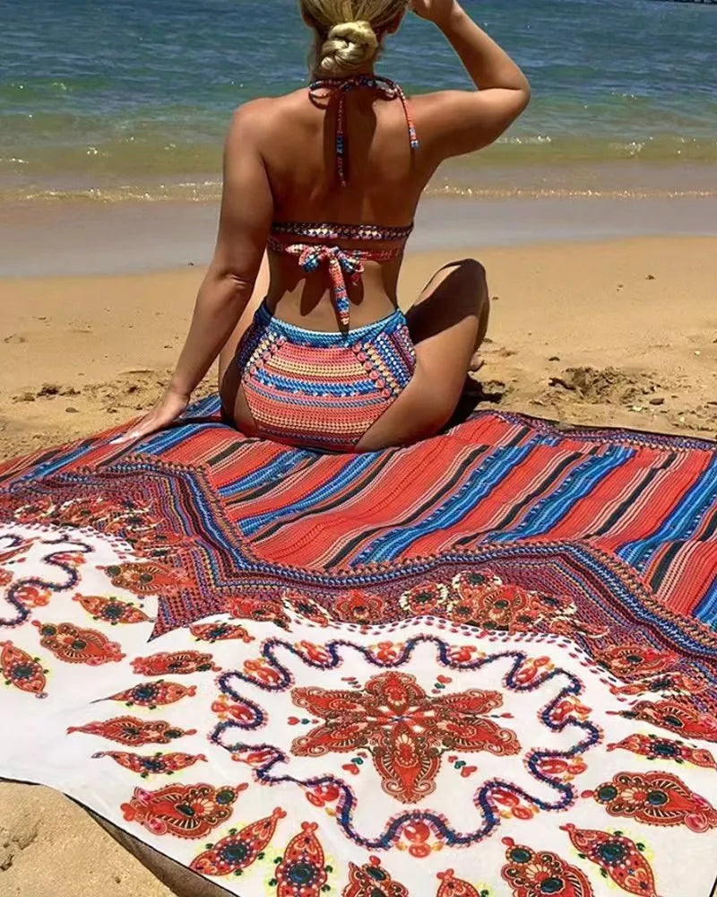 Women's three-piece swimsuit set with cutout blouse, high-waist briefs, and coat in polyester fabric
