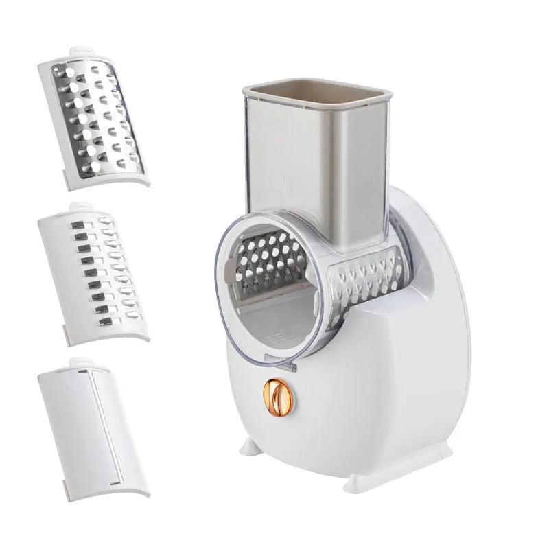 White electric vegetable slicer with suction base and interchangeable blades for automatic cutting