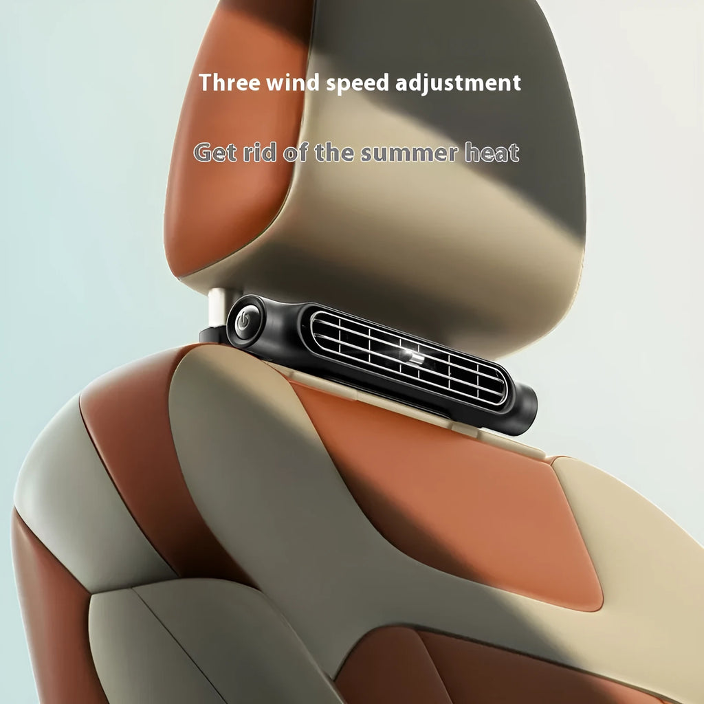 USB bladeless car fan with brushless motor on a car seat, showing Velcro mount and control button.