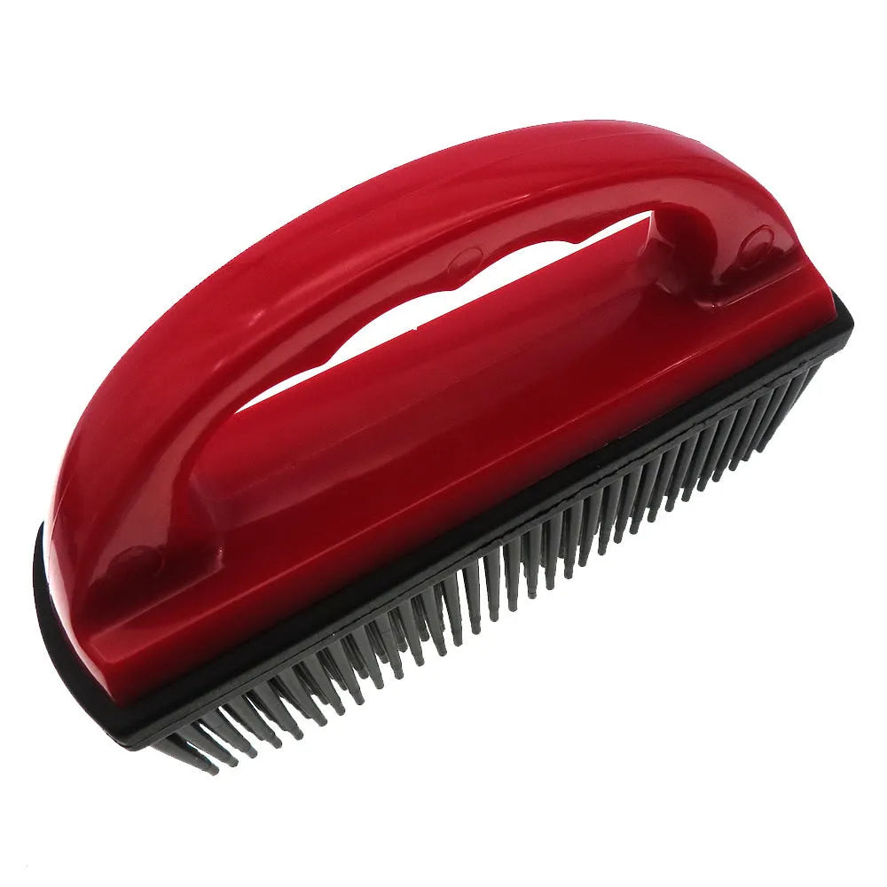 Red pet bath massage brush measuring 160mm by 85mm with multifunctional carpet cleaning capability