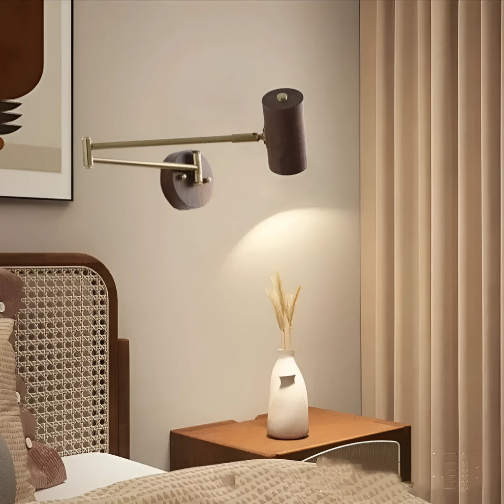 Retro wall lamp with rotating long arm in walnut wood and ash iron finish with pull chain switch