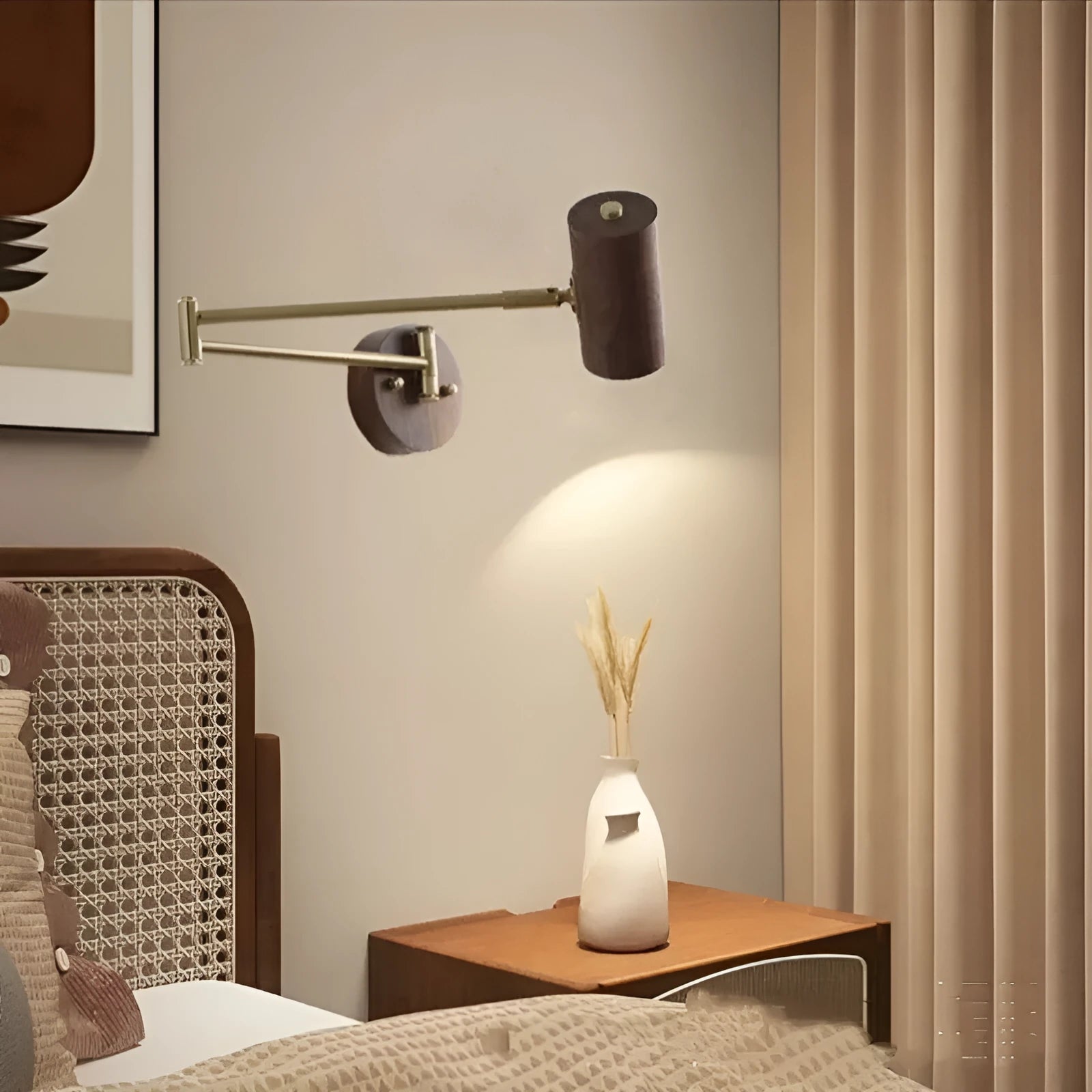 Retro wall lamp with rotating long arm in walnut wood and ash iron finish with pull chain switch