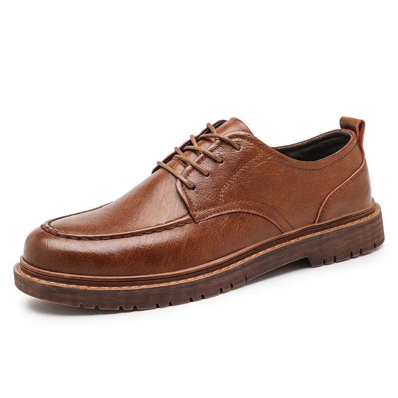 Casual leather shoes with round toe, rubber sole, and two-layer cowhide upper in black or brown colour options