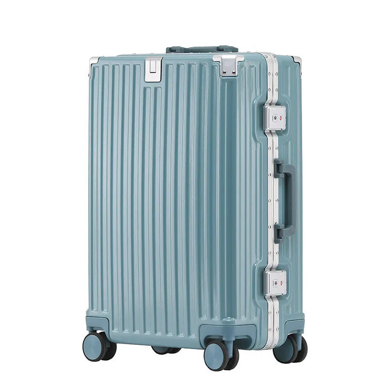 Hard shell aluminium frame luggage in avocado green colour with wheels and retractable handle