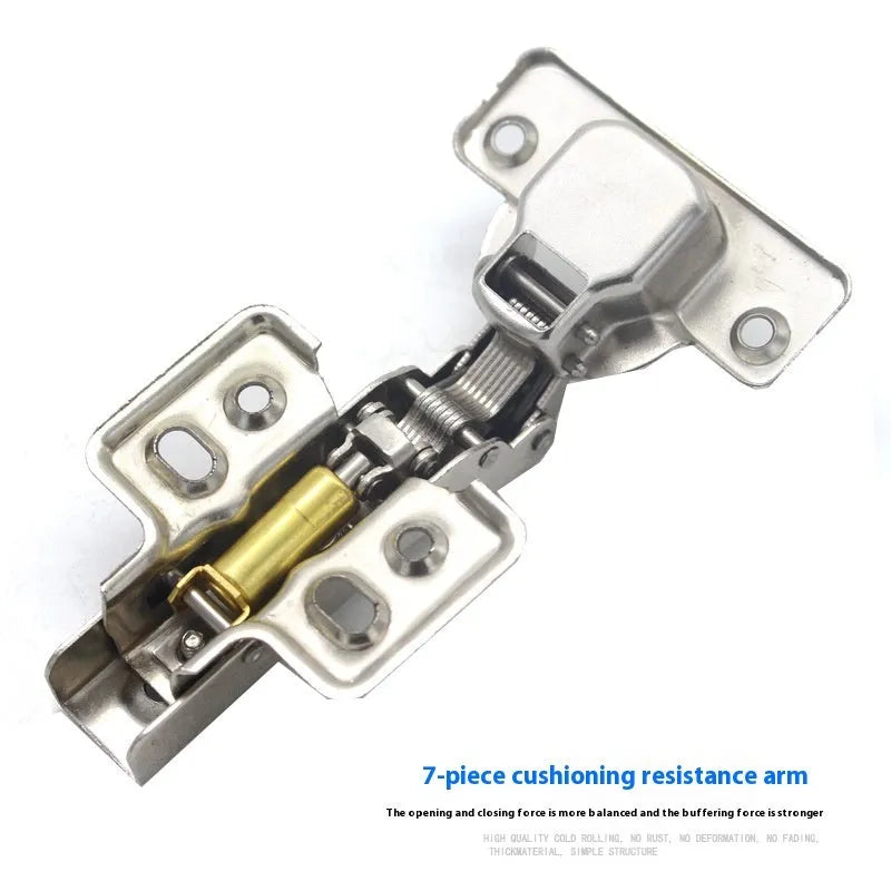 A nickel-plated cold rolled steel hydraulic hinge for cabinets, showing its damping mechanism and bend style.