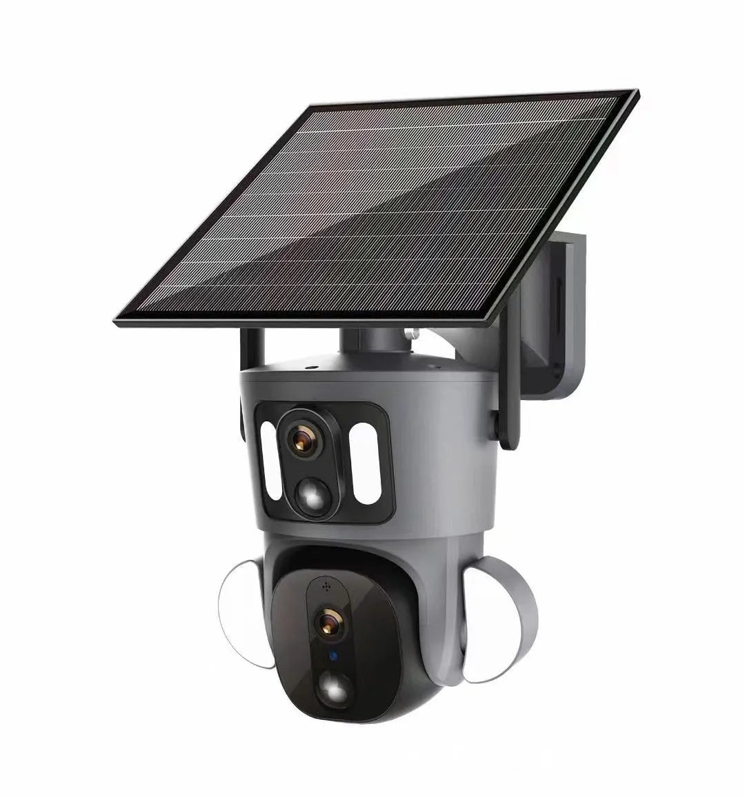 Solar-powered outdoor surveillance camera with three-screen display and solar panel