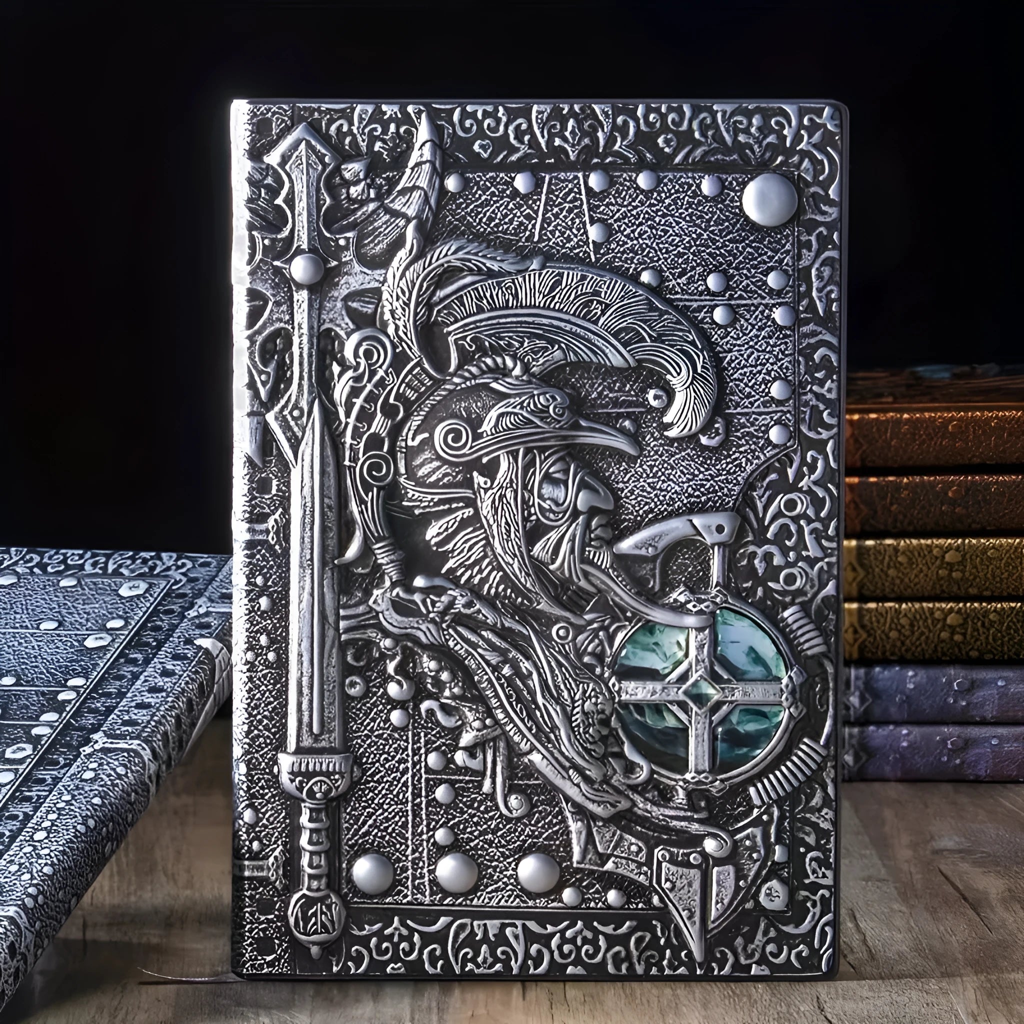 A5 leather notebook with an embossed 3D warriors design on the cover, shown in bronze colour.