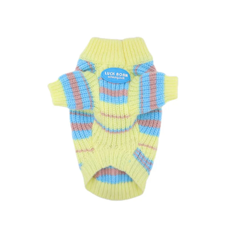 Blue and yellow stripe wool sweater for a small dog, sizes XS to XXL.