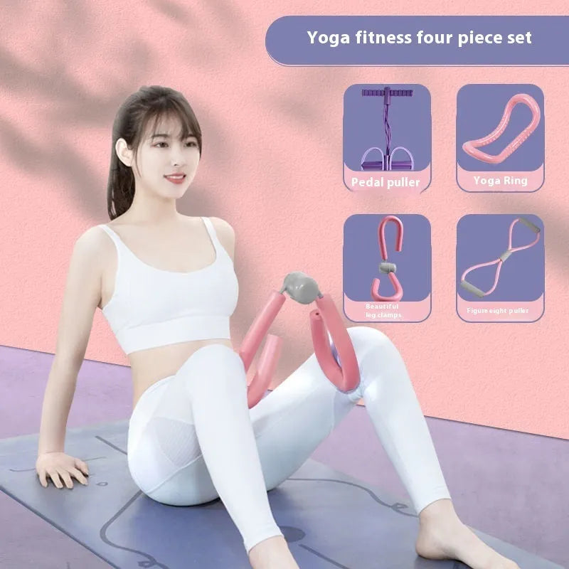 Yoga four-piece set showing leg beauty device, yoga ring, pedal tension device and figure-eight tension rope for home fitness