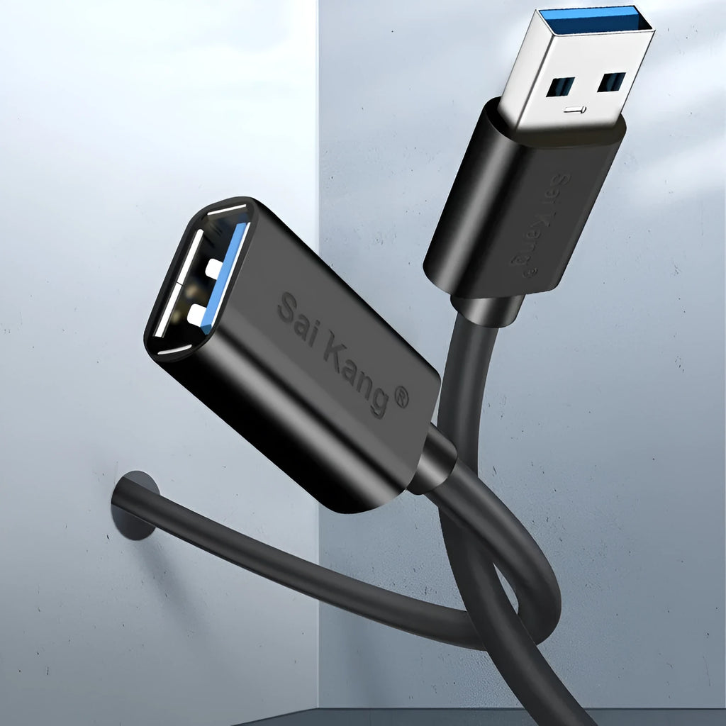 Black USB male to female extension cable with choice of USB 3.0 or USB 2.0 connector, shown in lengths from 1 to 5 metres.