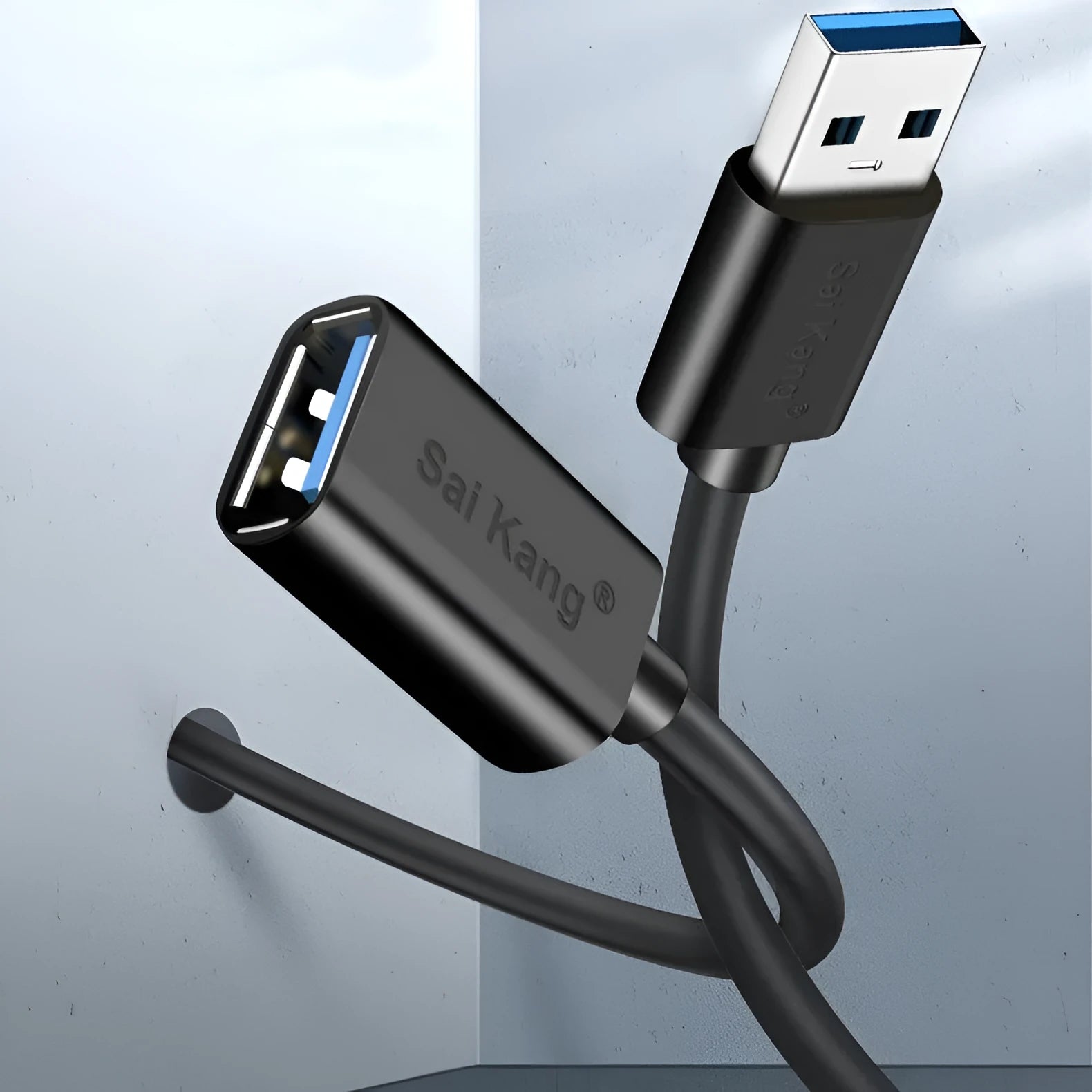 Black USB male to female extension cable with choice of USB 3.0 or USB 2.0 connector, shown in lengths from 1 to 5 metres.