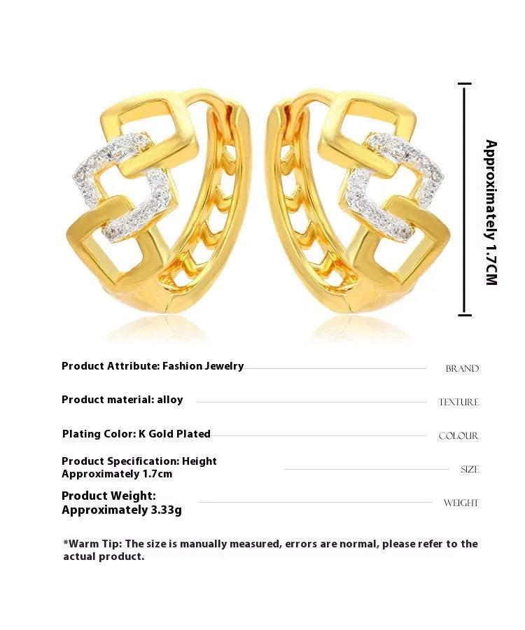 Gold geometric hollow-out earrings with electroplated finish and ear clip fastening