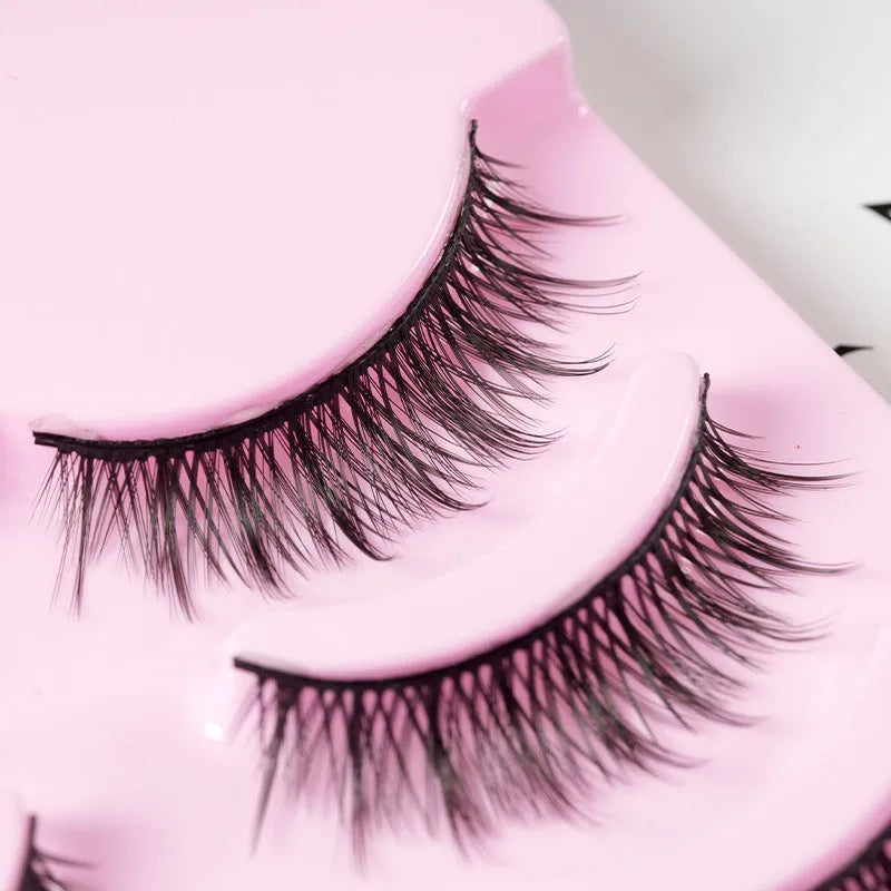 Set of manga-style false eyelashes in three wispy styles 007, 008, and 009 with black plastic bands.