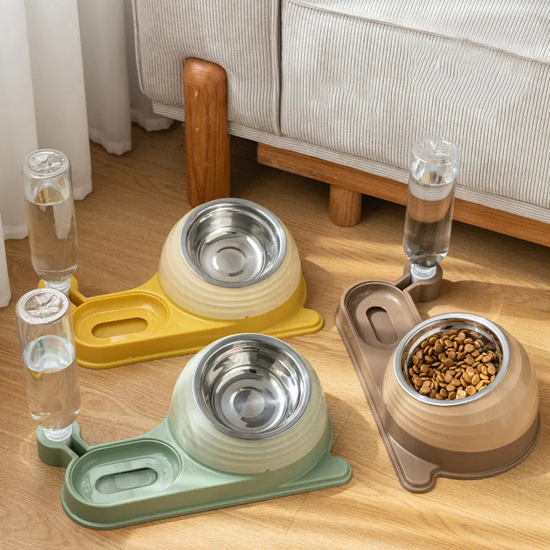 Brown cat food bowl with water dispenser bottle and elevated feeding station