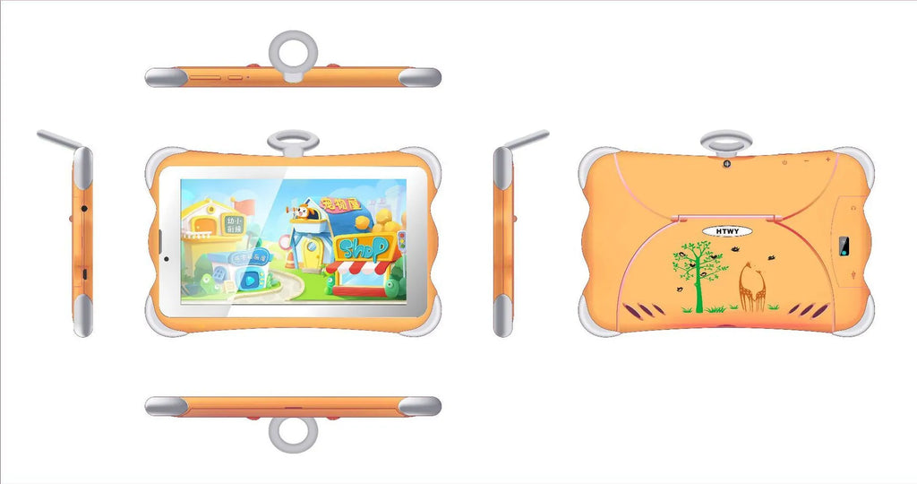 7-inch children's learning tablet in cartoon colours with included stand showing 3G calling capability