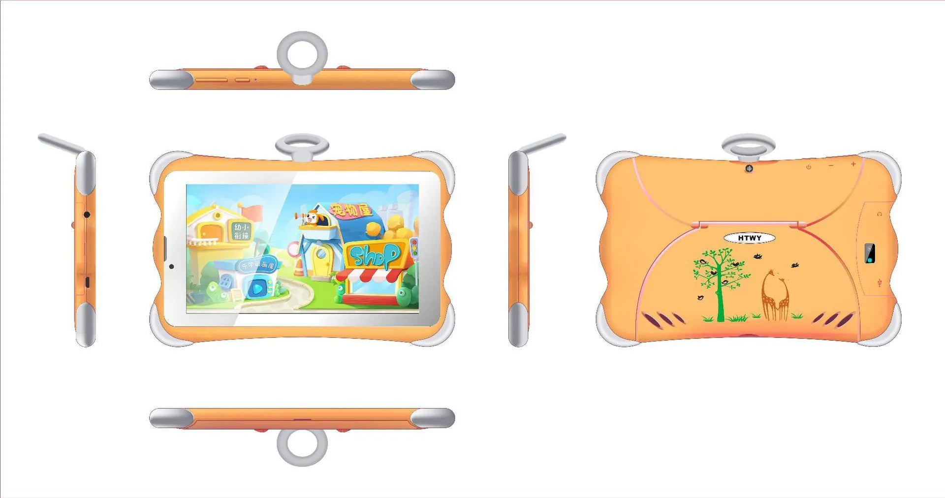 7-inch children's learning tablet in cartoon colours with included stand showing 3G calling capability