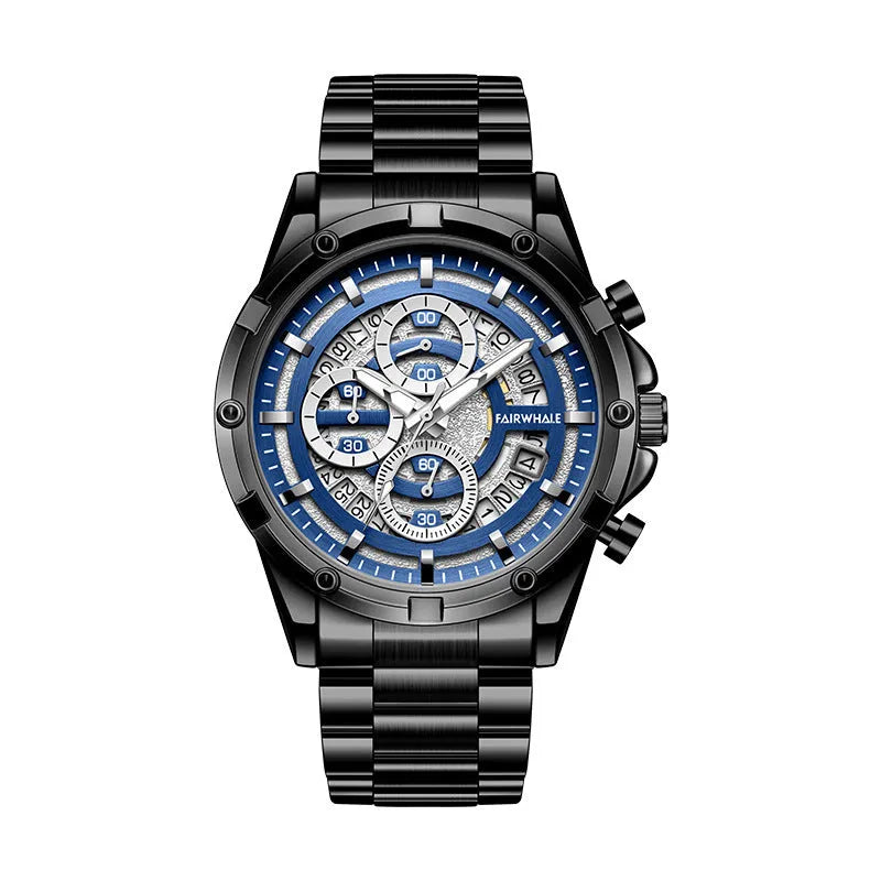 Men's luminous waterproof quartz watch with steel belt in black shell blue surface option