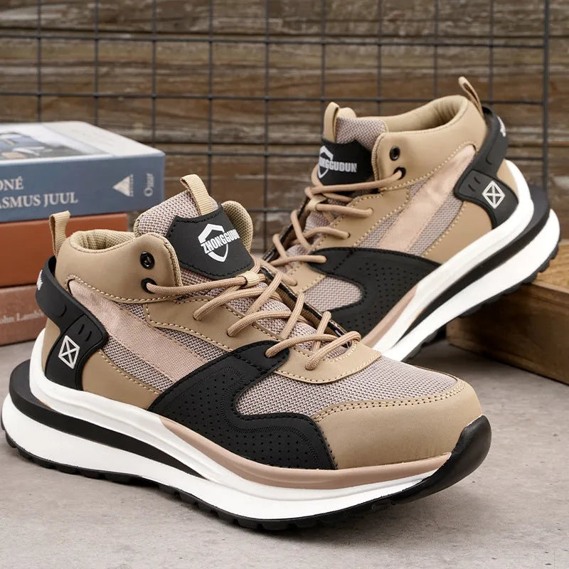 Low-top steel toe safety shoes with lace-up front and rubber sole in black, brown, or grey
