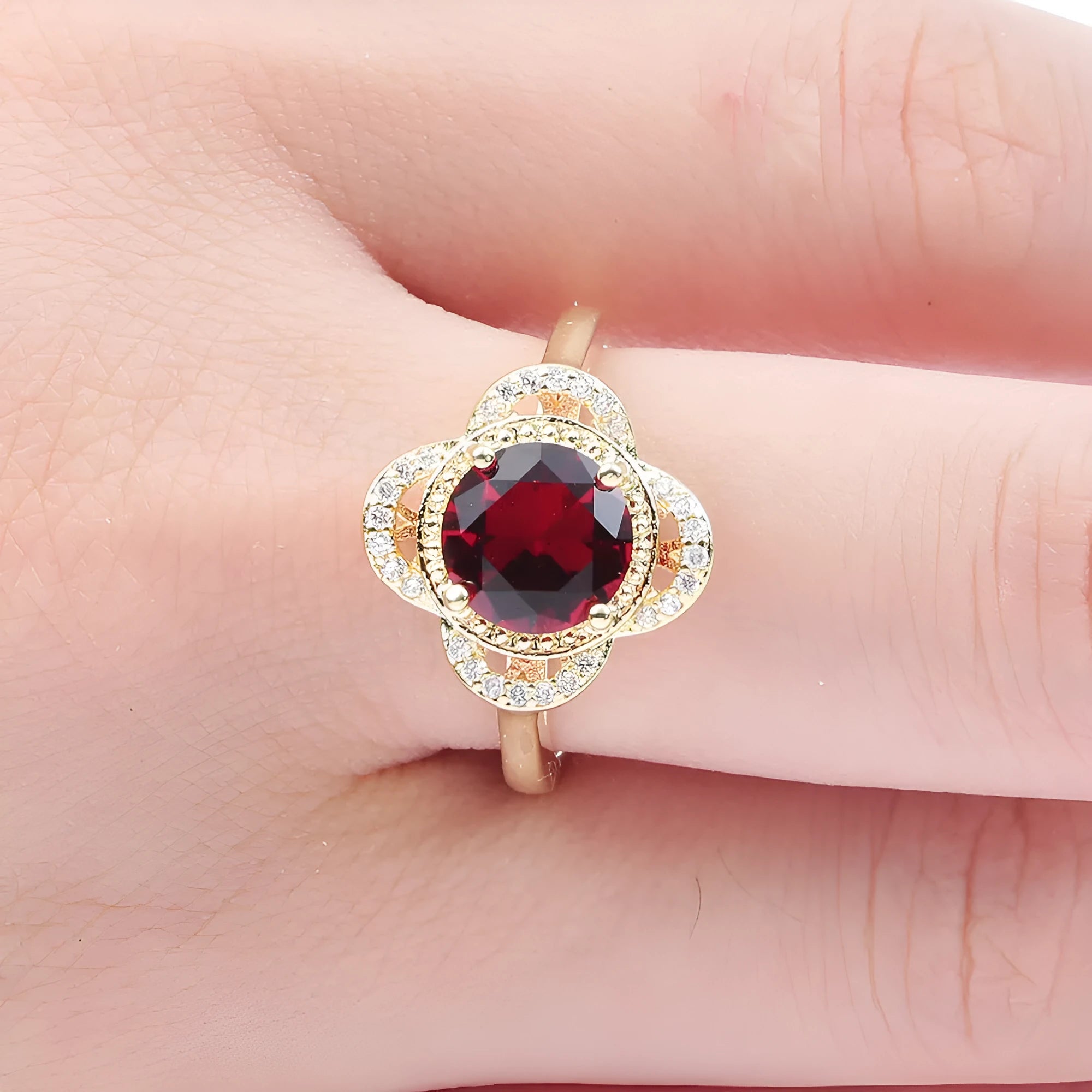 Copper zircon ring with fruit-shaped design and electroplated finish in colour 10-6-1395