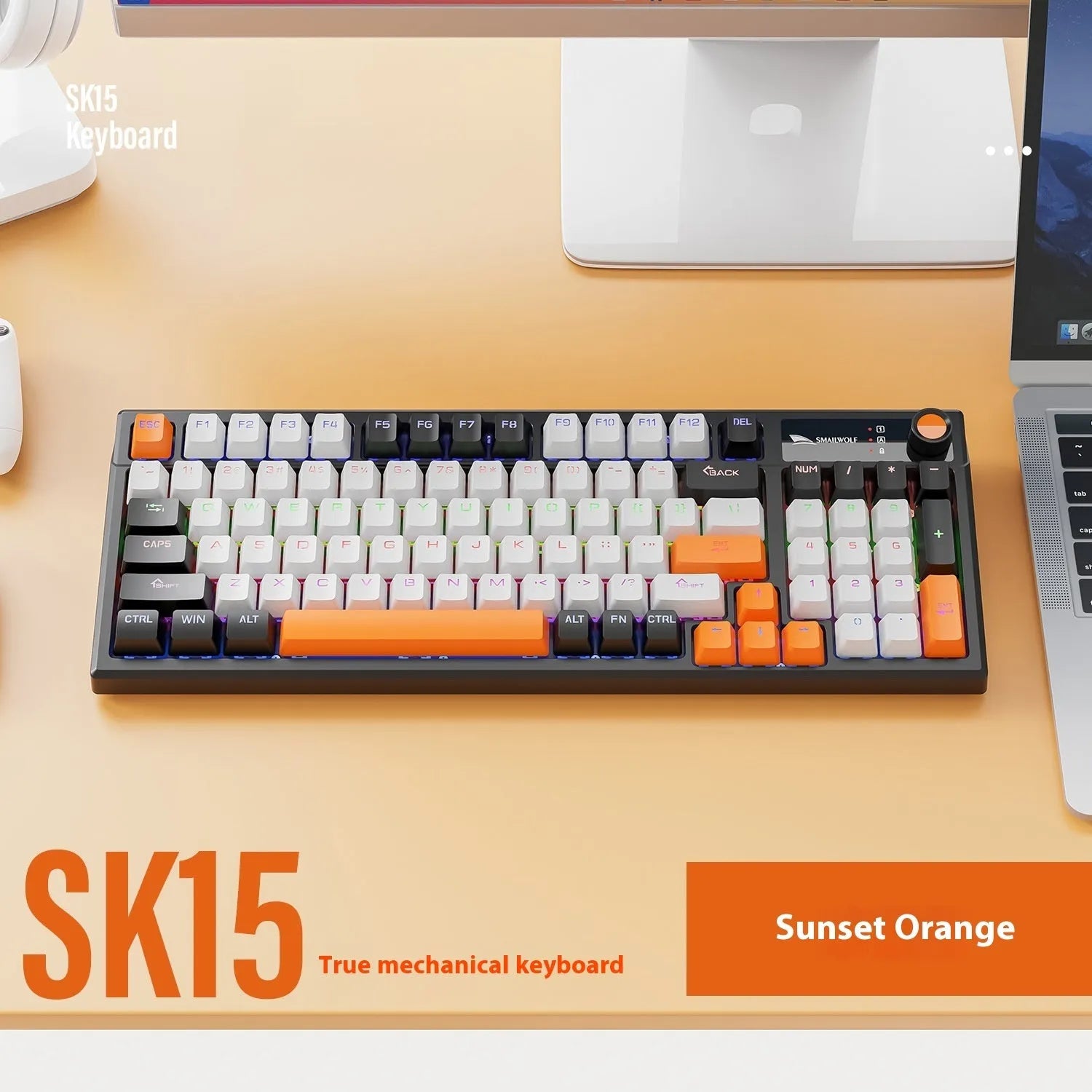 SK15 wired mechanical gaming keyboard with central knob in Autumn Water Blue colour