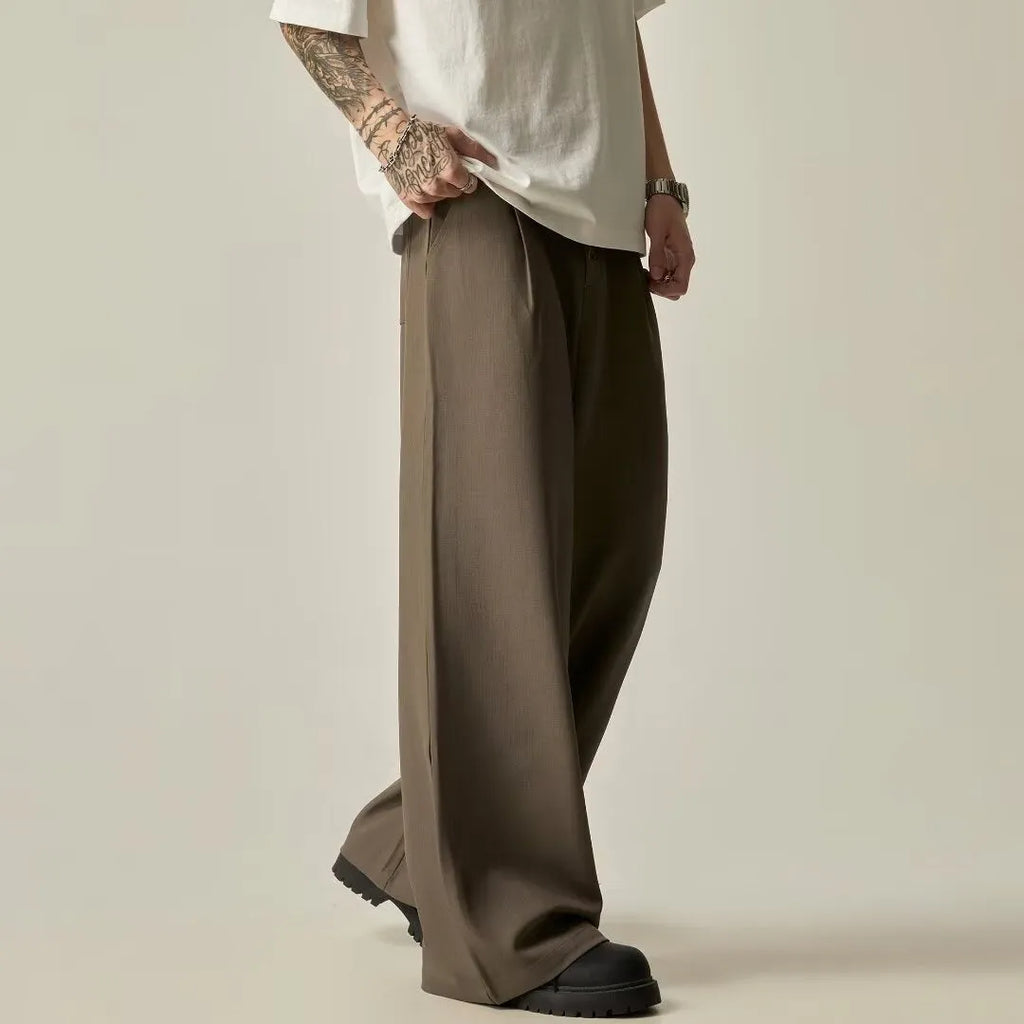 Men's straight-leg casual trousers in black cotton blend fabric with button fly