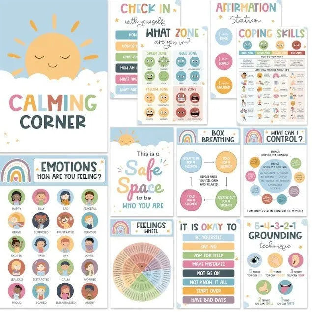 Calm corner poster set with 12 calm posters and puzzle style for classroom wall decoration