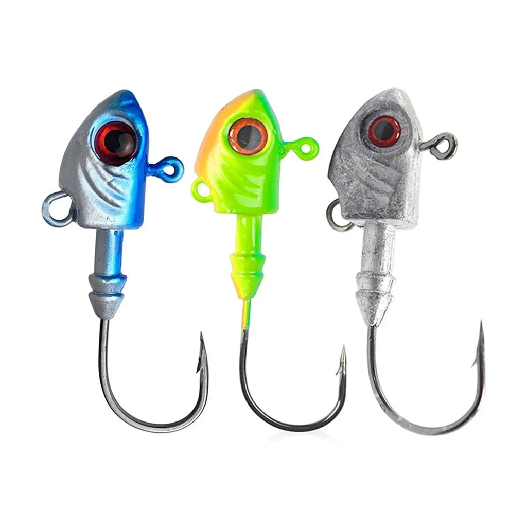 Yayu-shaped lead head fishing hooks in blue, silver, and yellow colours with weight options from 3.5g to 28g