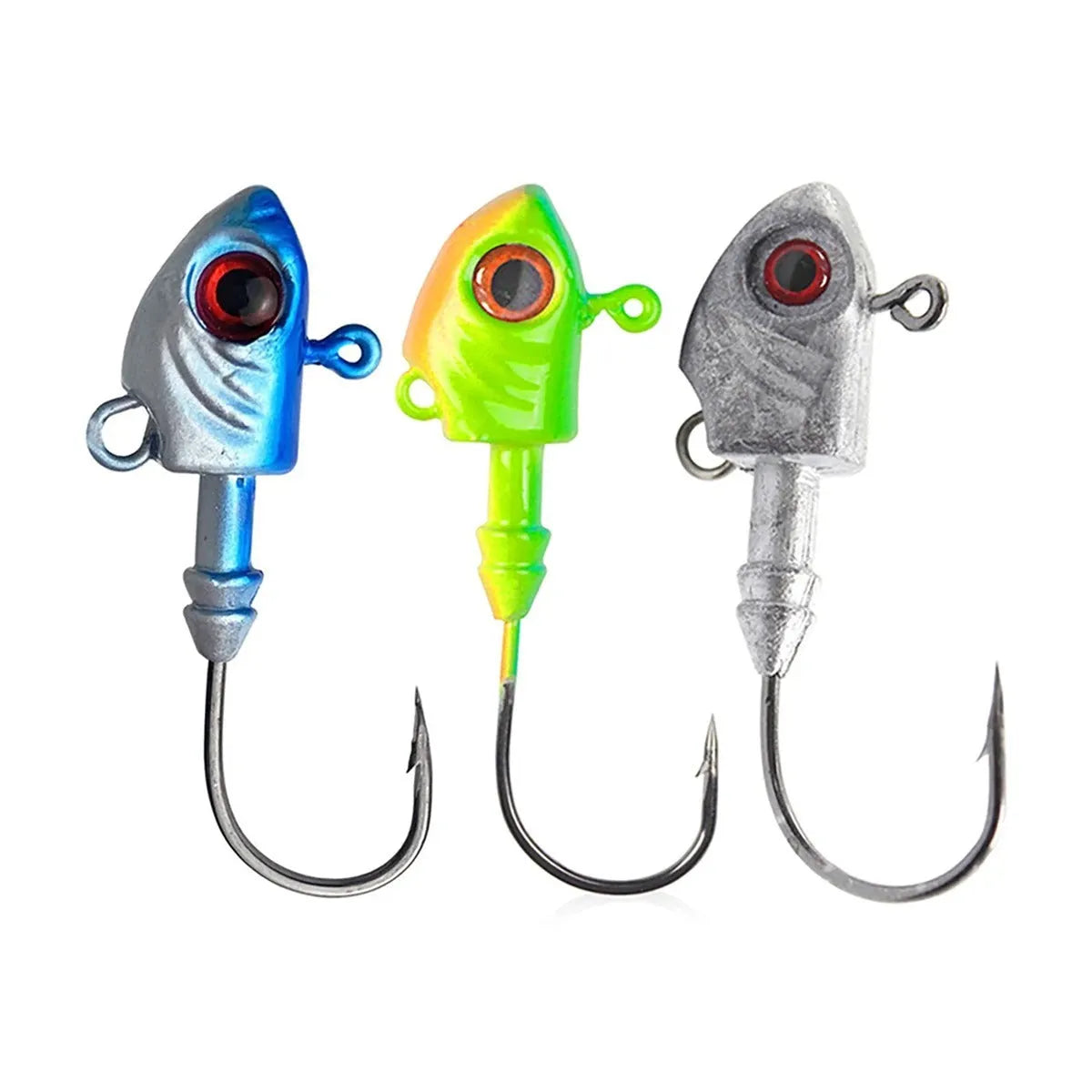 Yayu-shaped lead head fishing hooks in blue, silver, and yellow colours with weight options from 3.5g to 28g