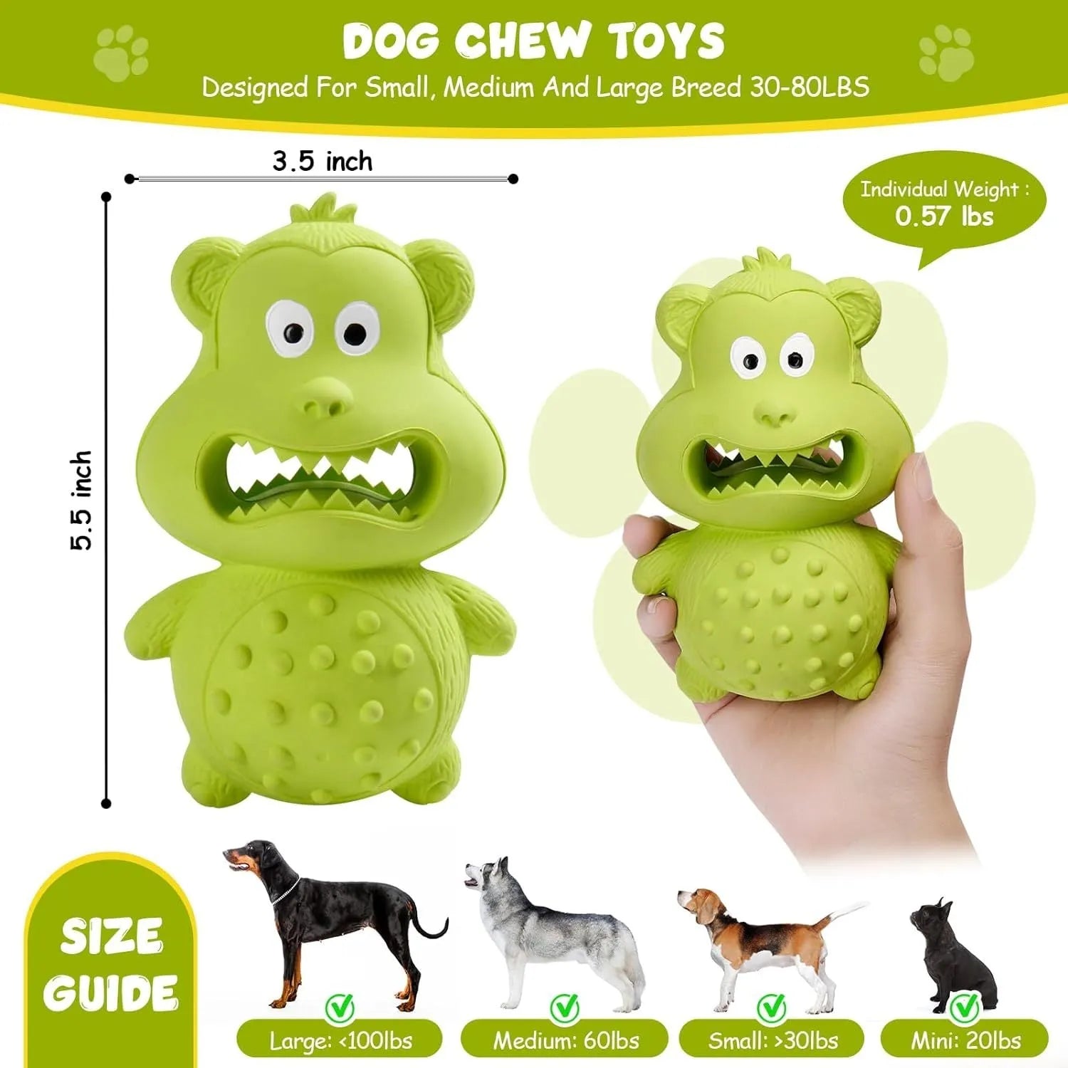 Green and yellow natural rubber squeaky dog toy for large breed aggressive chewers.