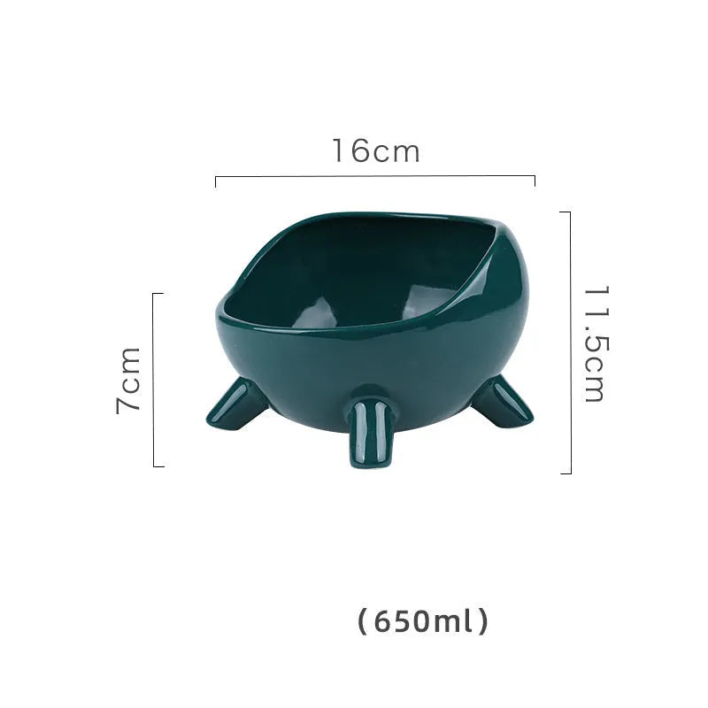 Green ceramic pet bowl with four legs and wide opening for cat or small dog feeding