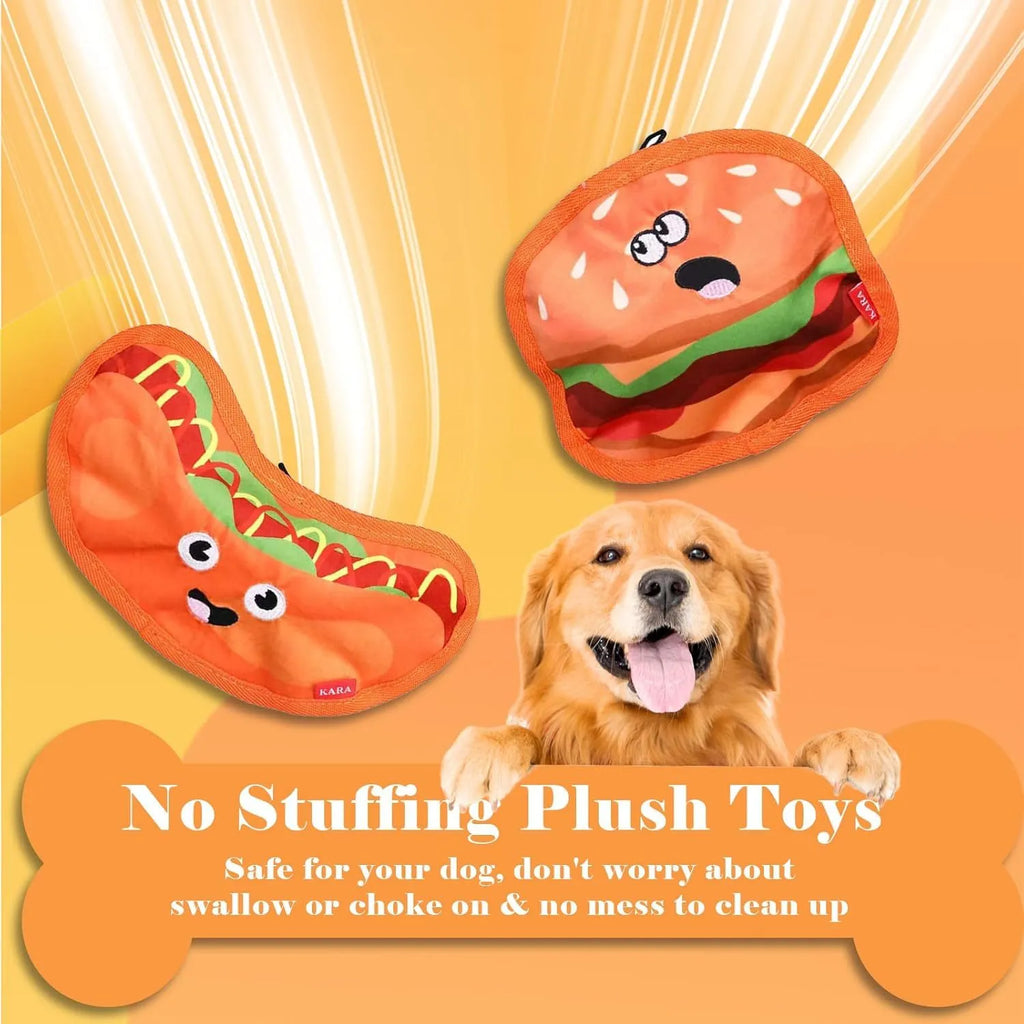 Hamburger-shaped dog toy with vivid colours featuring crinkle and squeaker sounds for interactive play